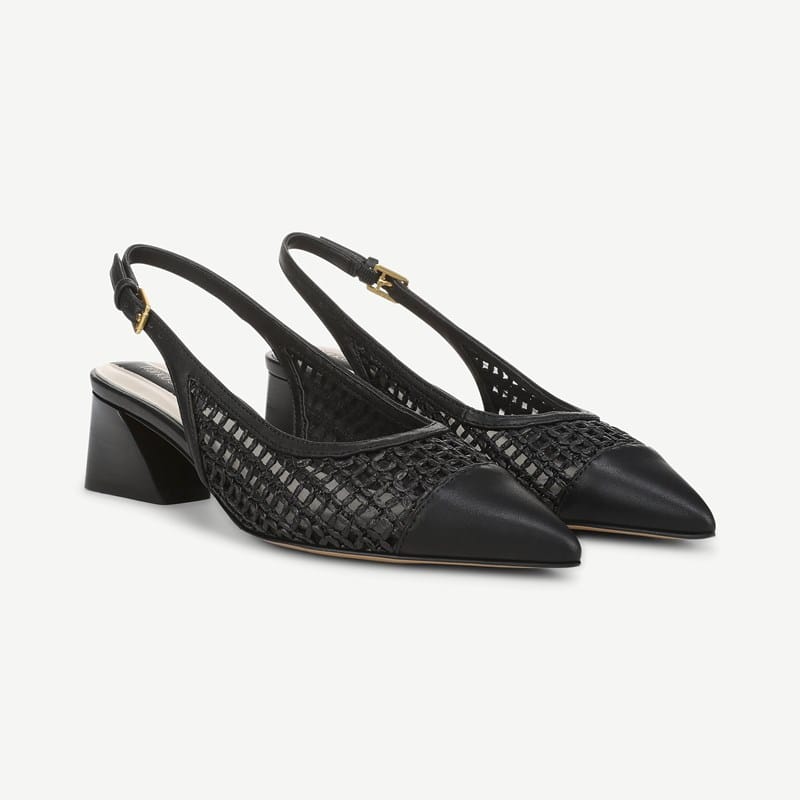 Franco Sarto Franco Racer Slingback Shoes (Black Faux Leather Weave) 5.0 M Pointed Toe, Buckle Closure