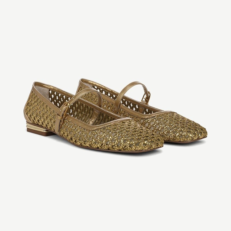 Franco Sarto Franco Tinsley Mary Jane Flat Shoes (Gold Faux Raffia) 5.5 M Square Toe, Buckle Closure