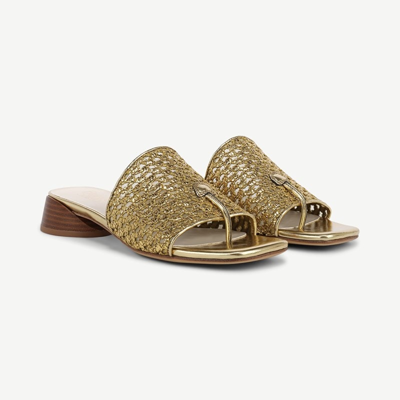Franco Sarto Shoes Franco Loran Sandal (Gold Woven Raffia) 9.0 W Slip On Fit, Square Toe, Slip-On Fit
