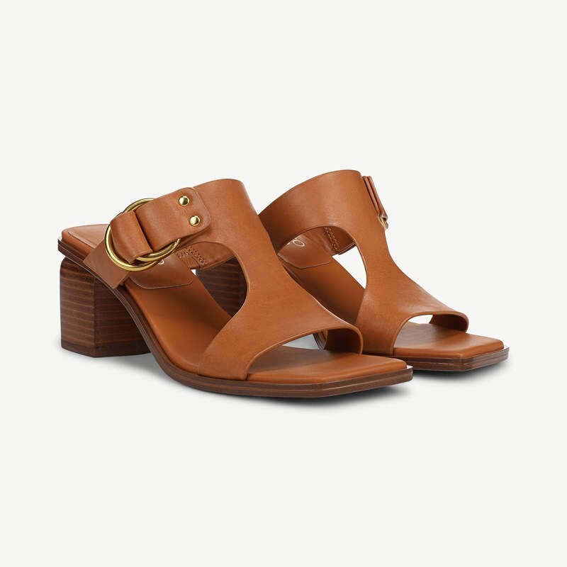 Franco Sarto Shoes Franco Roux Block Heel Slide Sandal (Caramel Brown Leather) 9.5 M Slip On Fit, Pointed Toe, Slip-On Fit