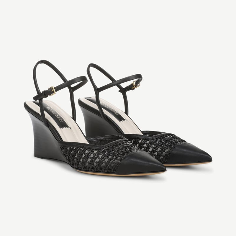 Franco Sarto Franco Cherie Ankle Strap Wedge Shoes (Black Faux Leather Weave) 6.5 M Pointed Toe