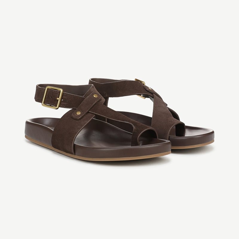 Franco Sarto Shoes Franco Blair Sandal (Dark Brown Suede) 8.5 M Square Toe, Ankle Strap, Buckle Closure