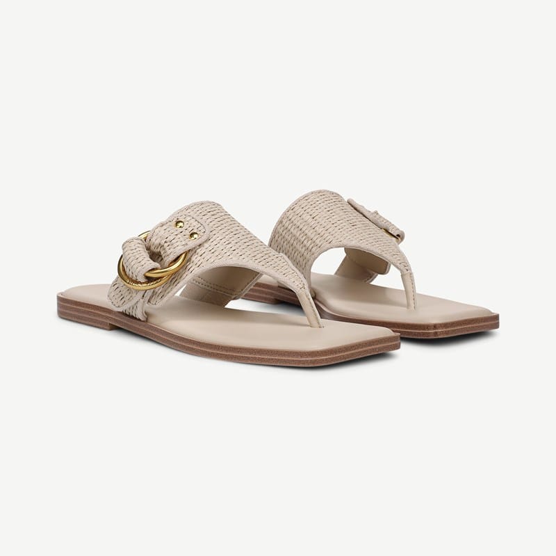 Franco Sarto Shoes Franco Mavie Sandal (Linen White Woven Fabric) 10.0 M Square Toe, Buckle Closure
